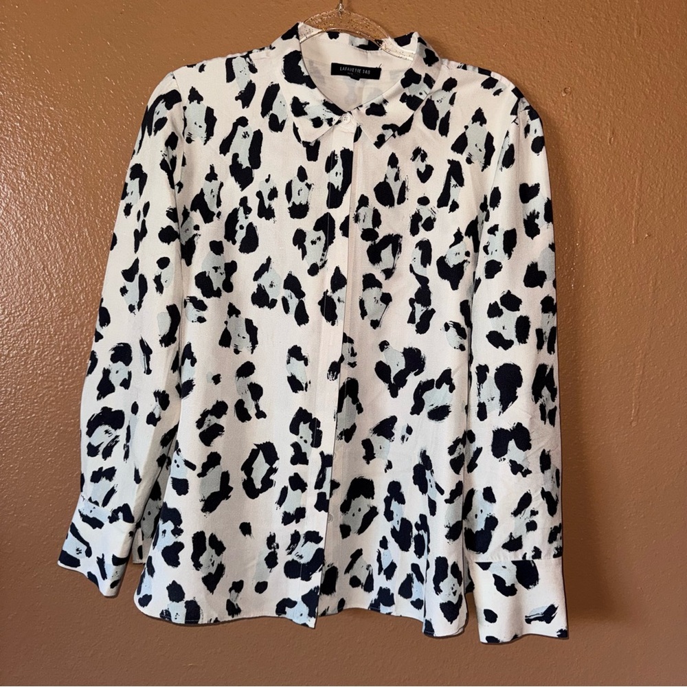 Lafayette 148 New York Scottie Painted Leopard Silk Blouse size L
